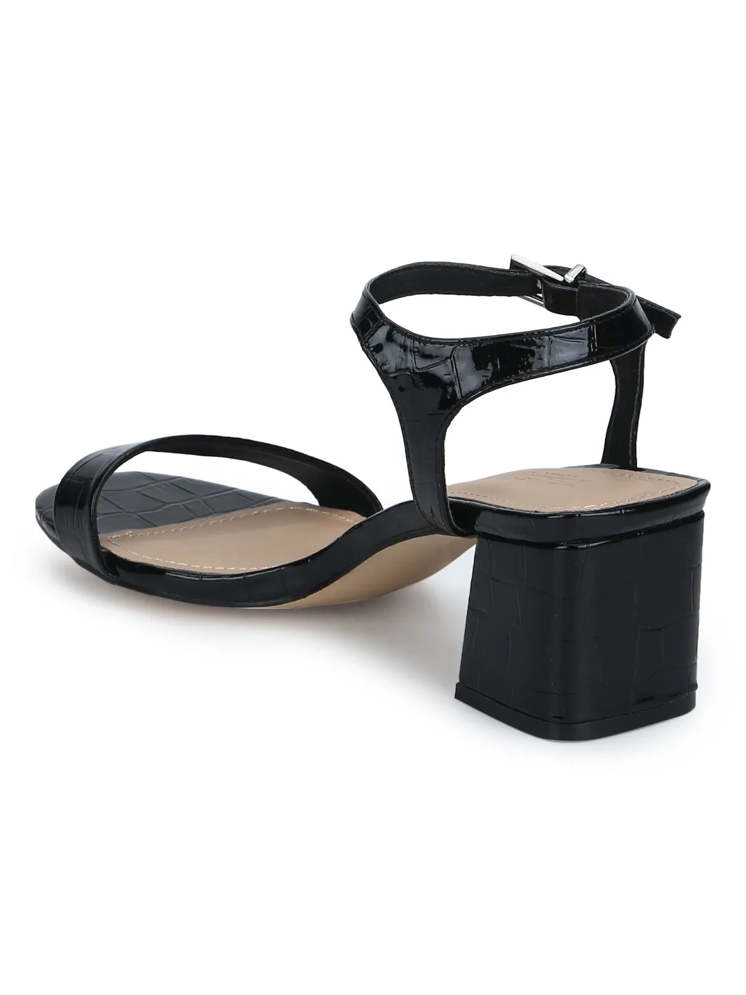 Black Croc Thin Ankle Strap Low Block Heels