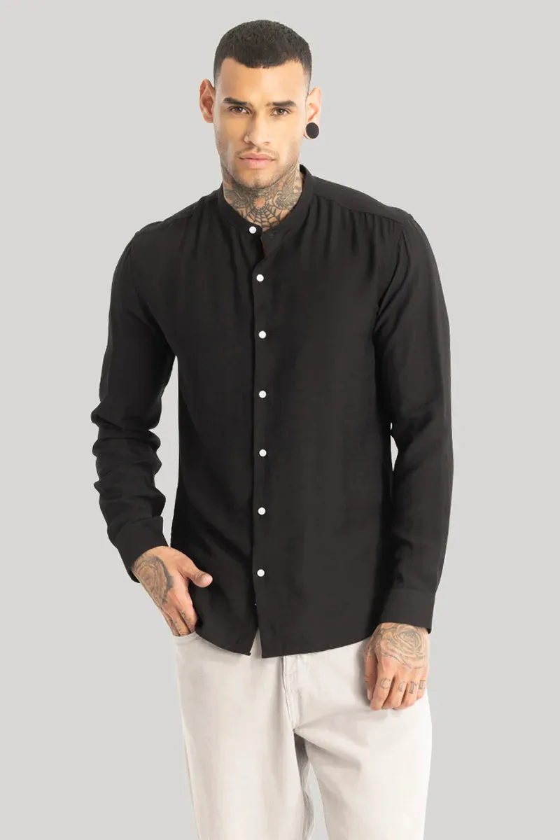 Black Crushed Mandarin Collar Shirt