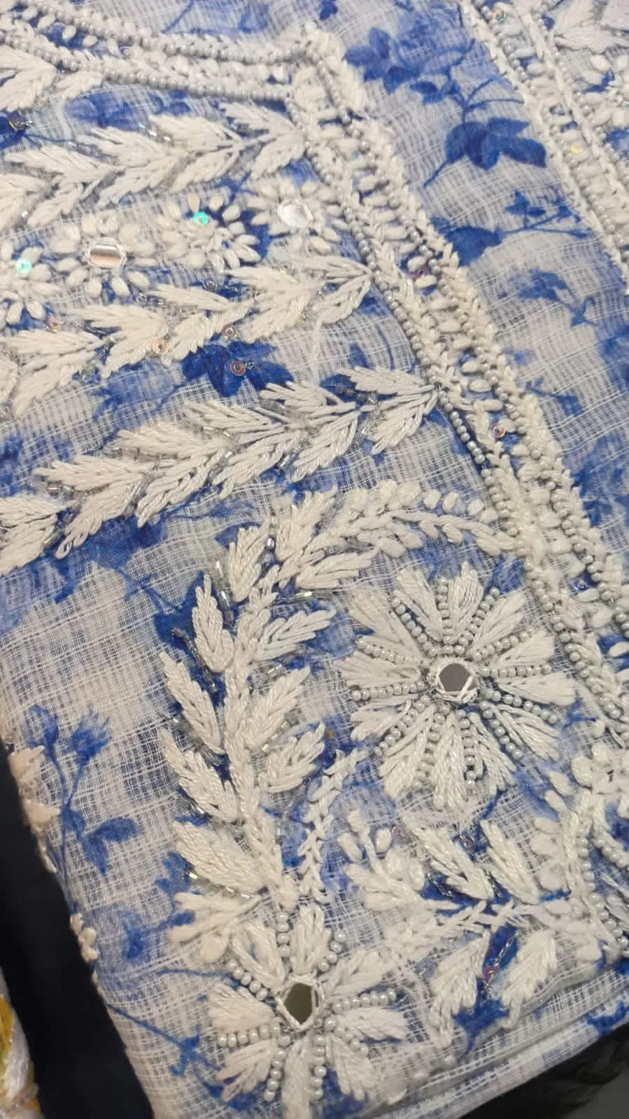 Blue-White Kota Silk Chikan embroidery Suit Set fabric