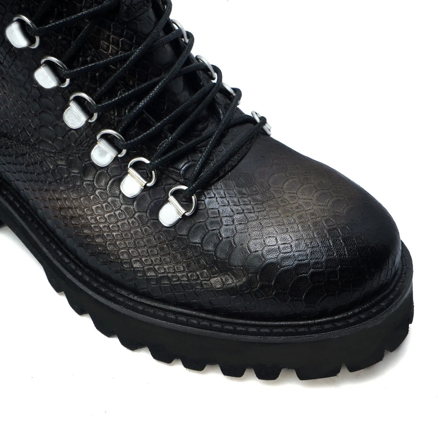 Chunky Boot in Grey Snake Skin Textured Leather