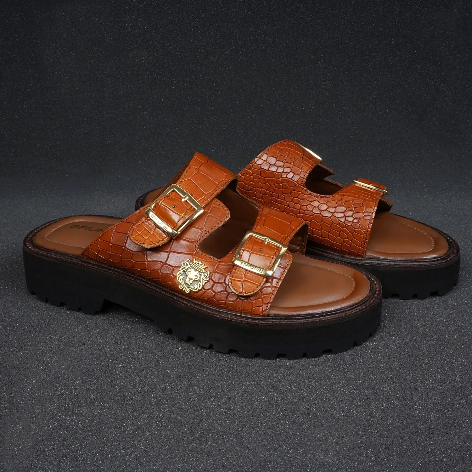 Chunky Sole Tan Slipper in Deep Cut Leather