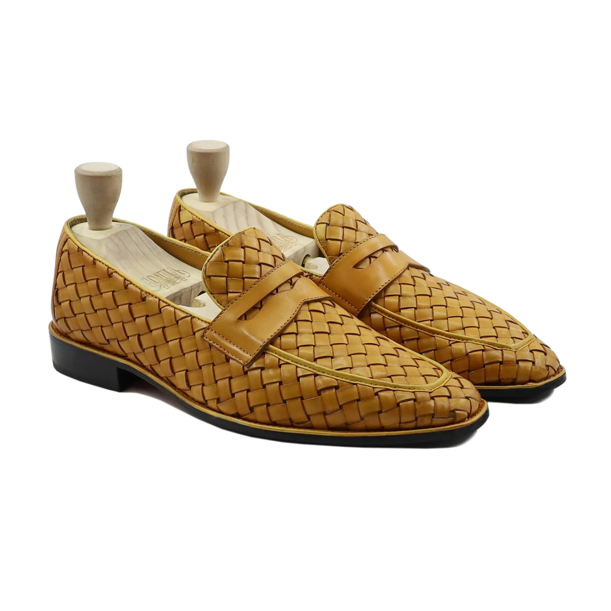 Coral - Men's Yellow Handmade Woven Leather Loafer