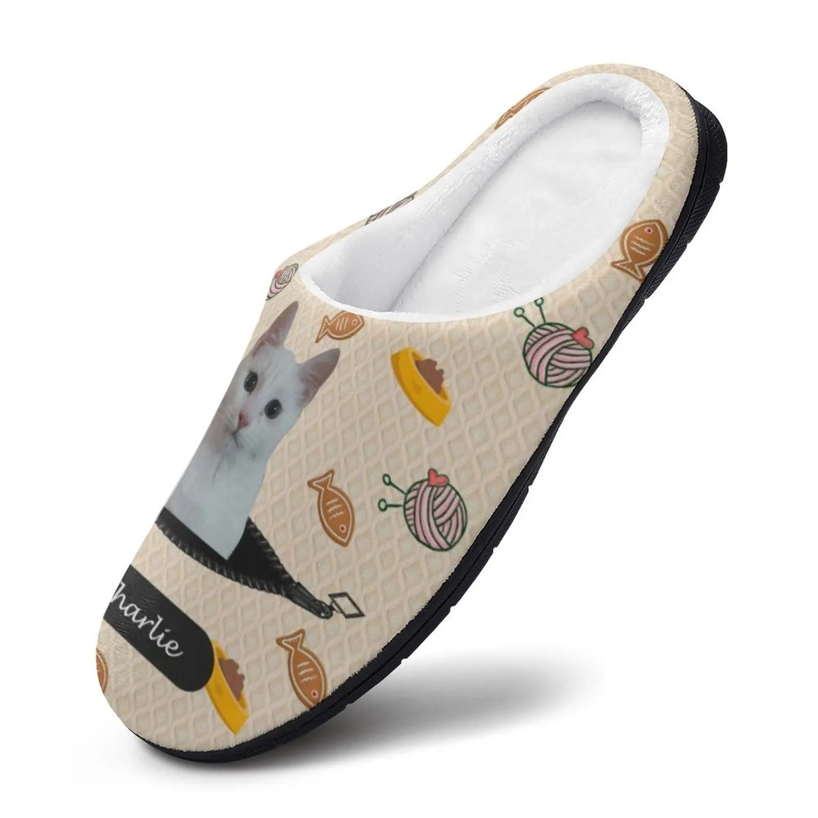 Custom Cat's Photo  & Name Fish Ball of Yarn All Over Print Cotton Slippers For Men Women