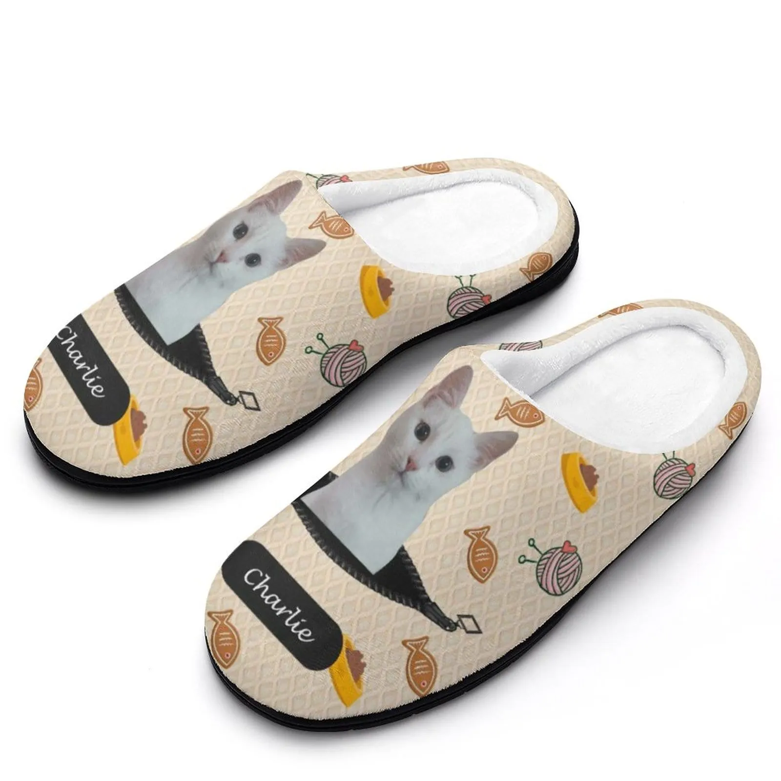 Custom Cat's Photo  & Name Fish Ball of Yarn All Over Print Cotton Slippers For Men Women