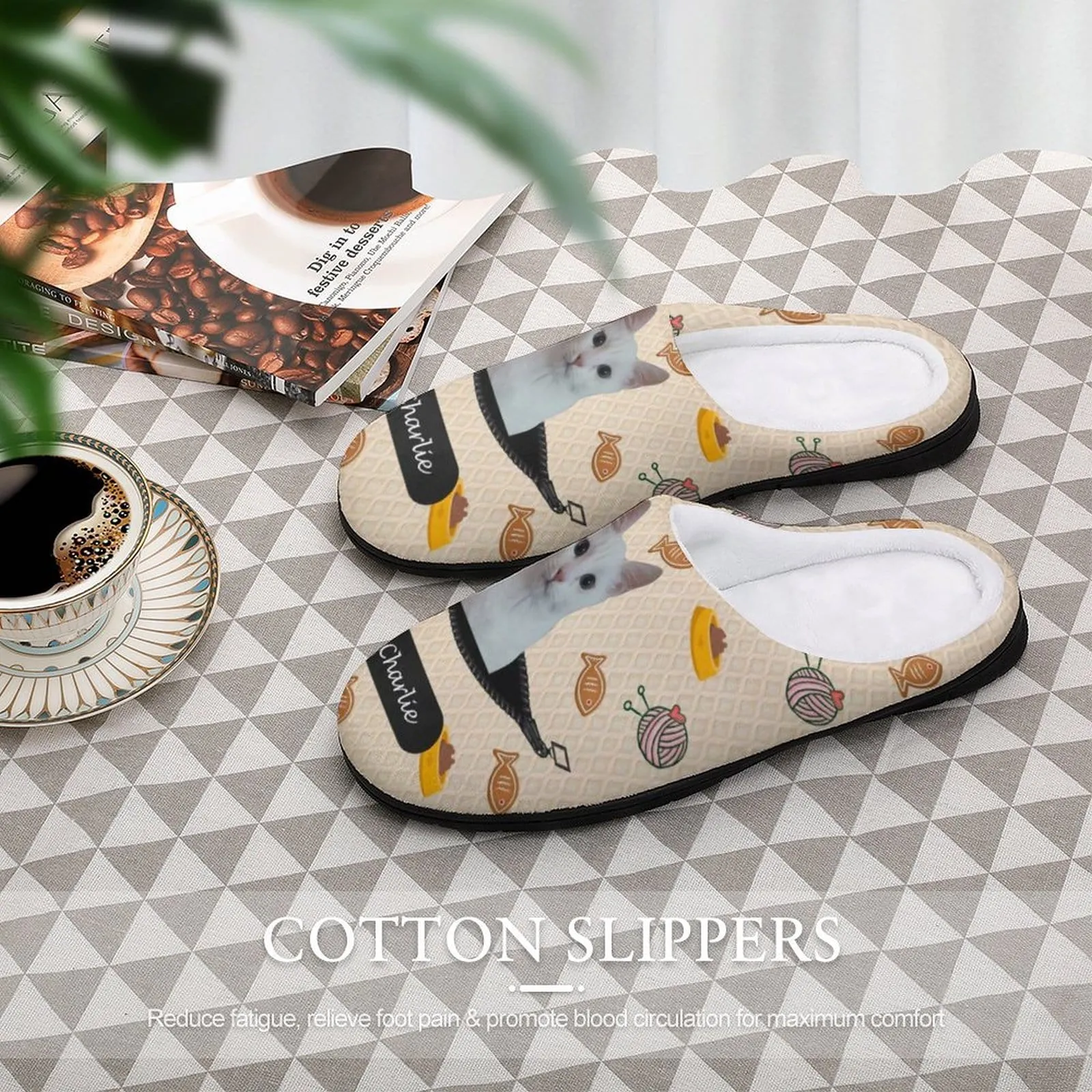 Custom Cat's Photo  & Name Fish Ball of Yarn All Over Print Cotton Slippers For Men Women