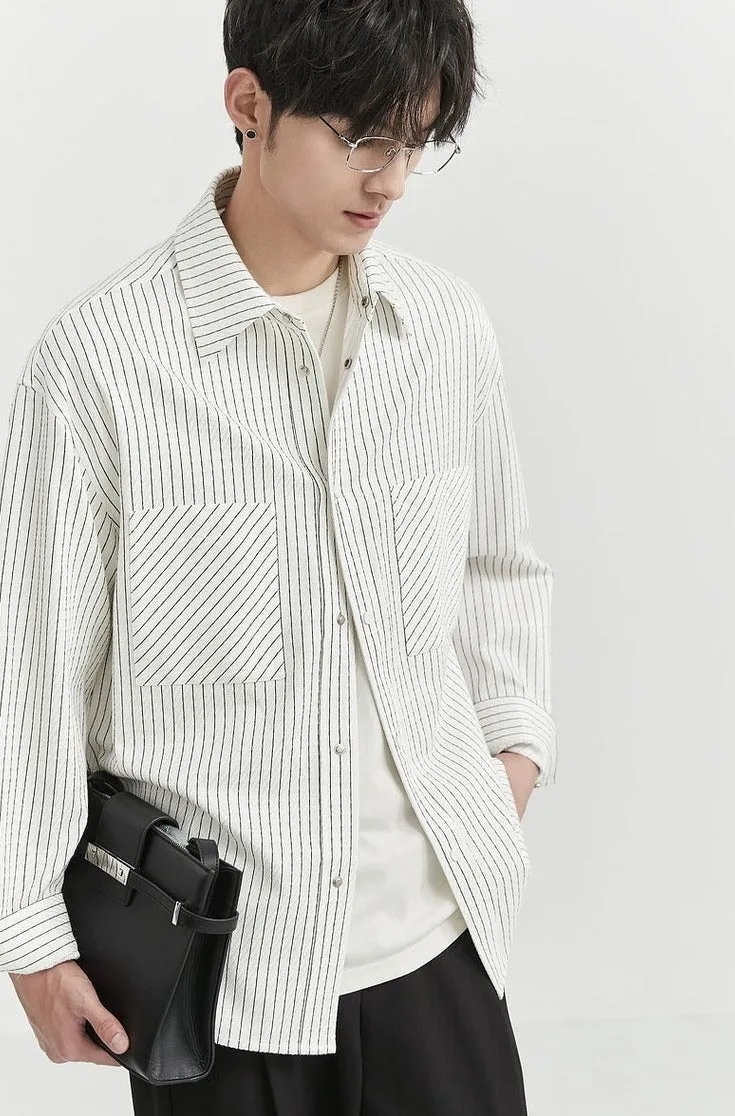 Herringbone Striped Overshirt with Chest Pockets