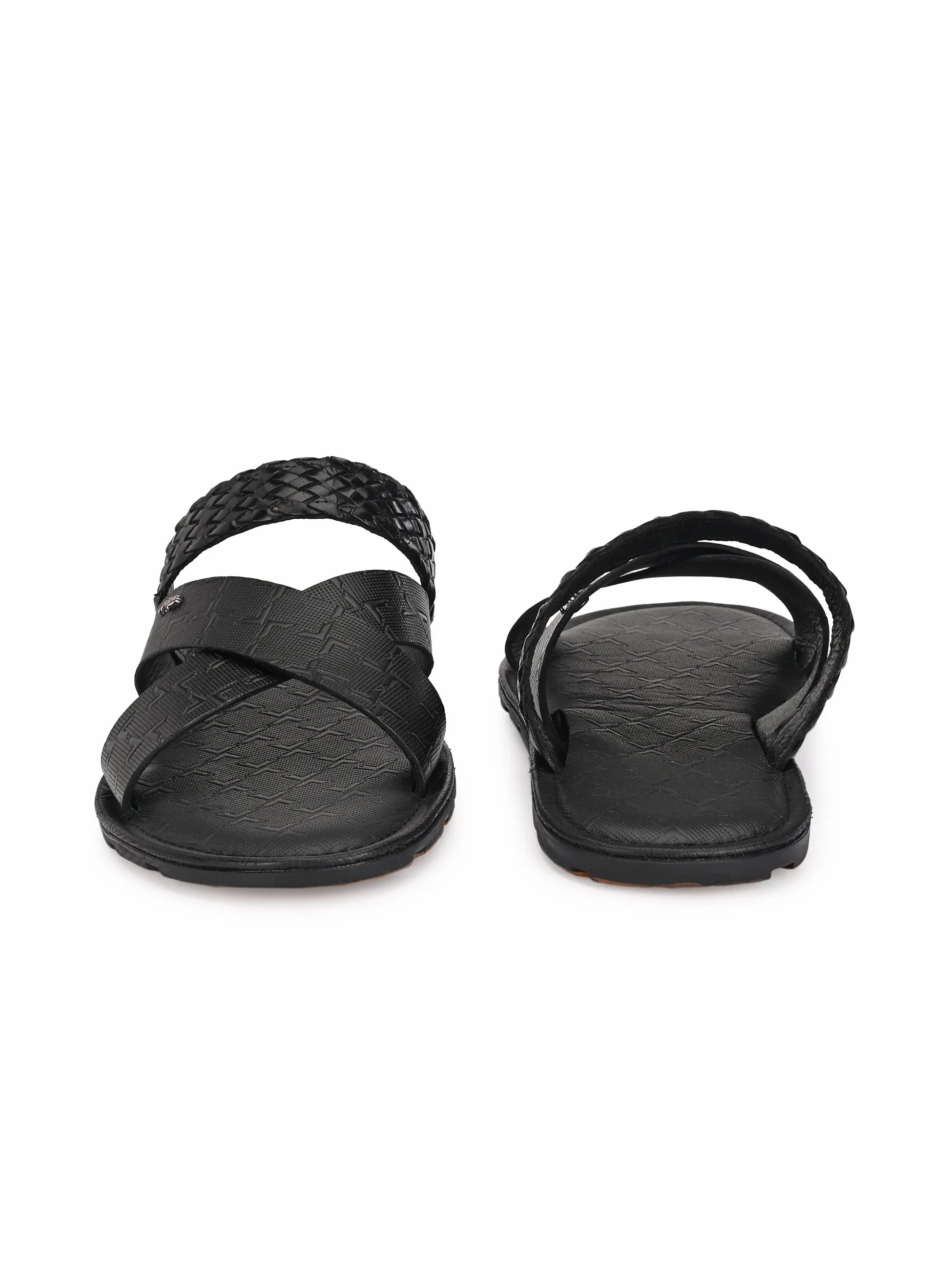 Hitz Men's Black Leather Cross Strap Casual Slippers