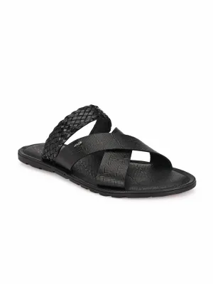 Hitz Men's Black Leather Cross Strap Casual Slippers