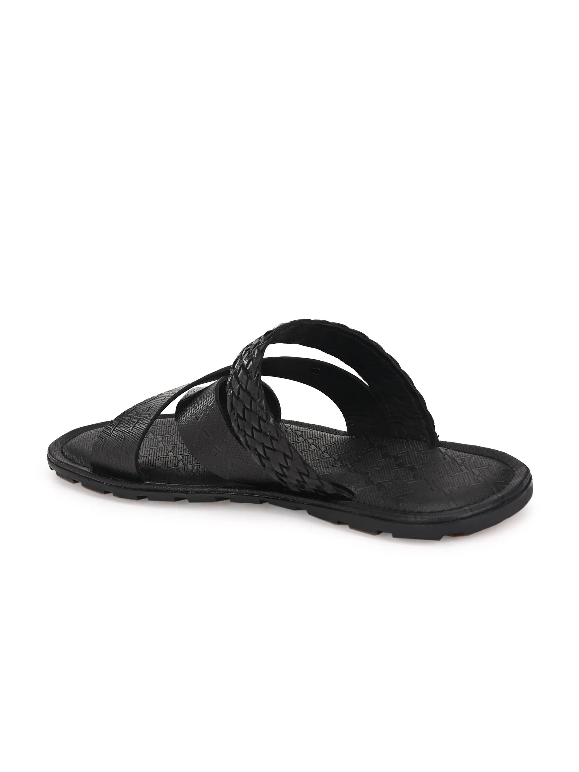 Hitz Men's Black Leather Cross Strap Casual Slippers