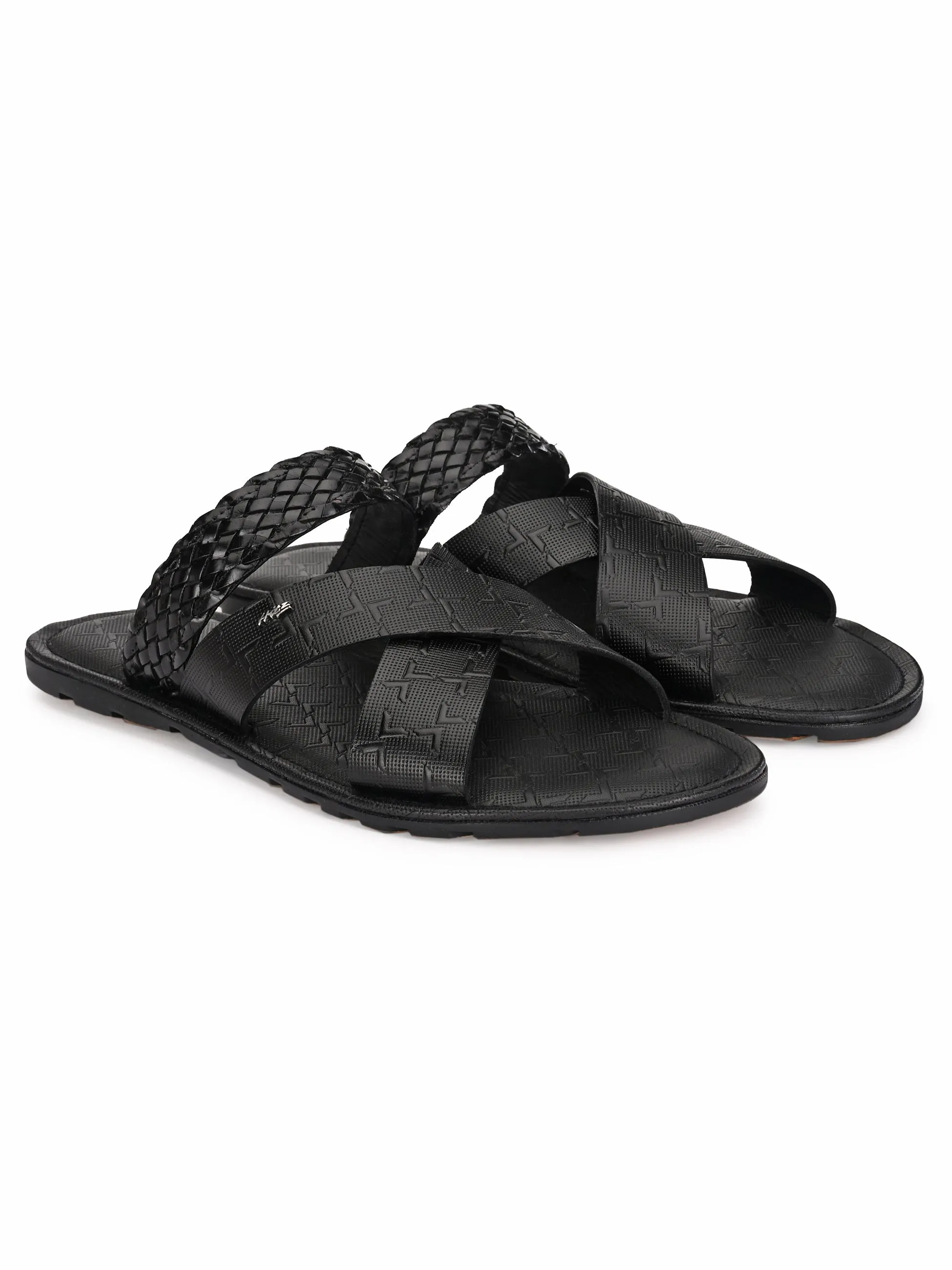 Hitz Men's Black Leather Cross Strap Casual Slippers