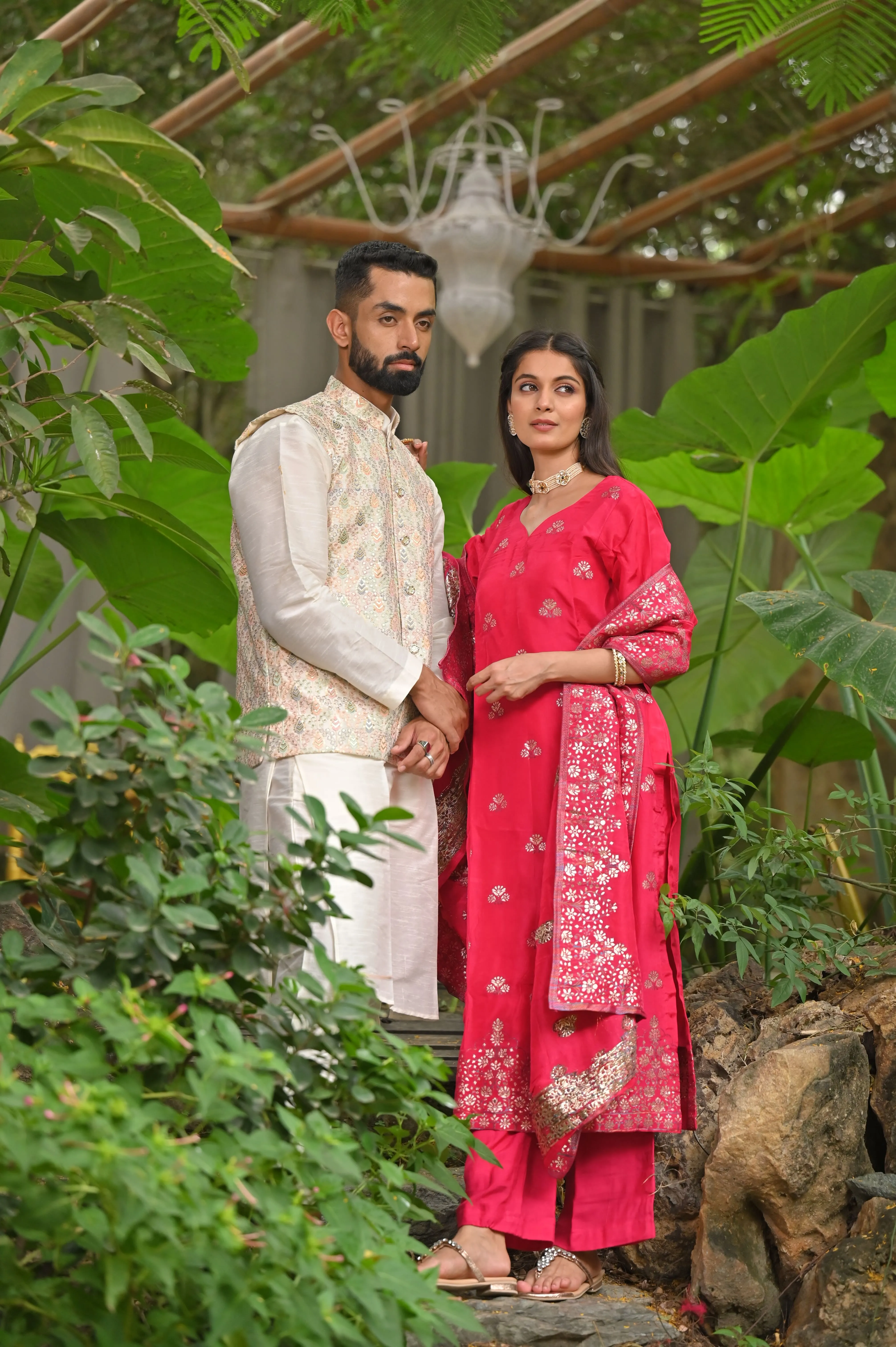 Ivory Magenta Silk Couple Outfit