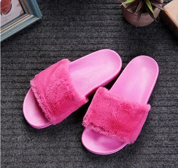 large Size 36-41 Hot Women Slippers Fashion Spring Summer Autumn  Plush Slippers Women Faux Fur Slides Flip Flops Flat Shoes