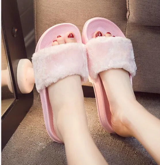 large Size 36-41 Hot Women Slippers Fashion Spring Summer Autumn  Plush Slippers Women Faux Fur Slides Flip Flops Flat Shoes