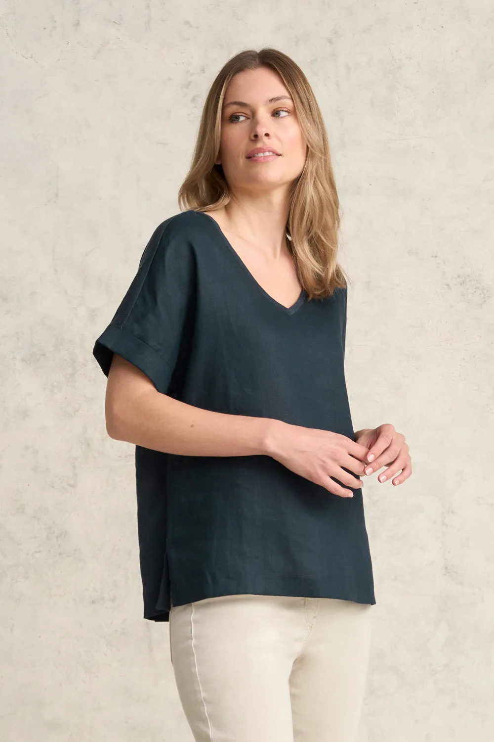 Linen Mix V-Neck Top - Ink