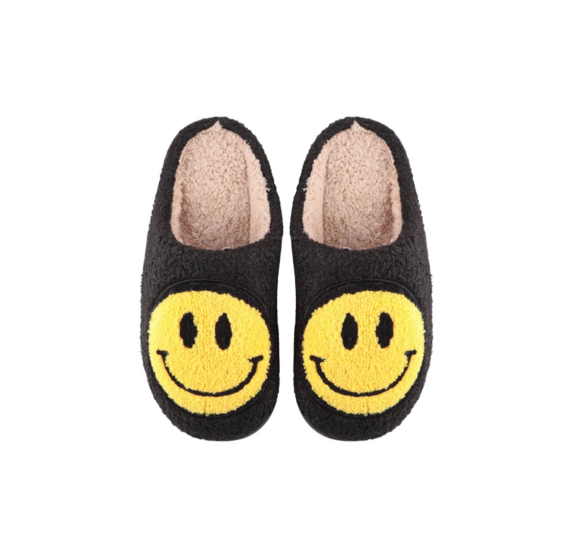 M ONLY Smiley Face Fuzzy Slippers in Black