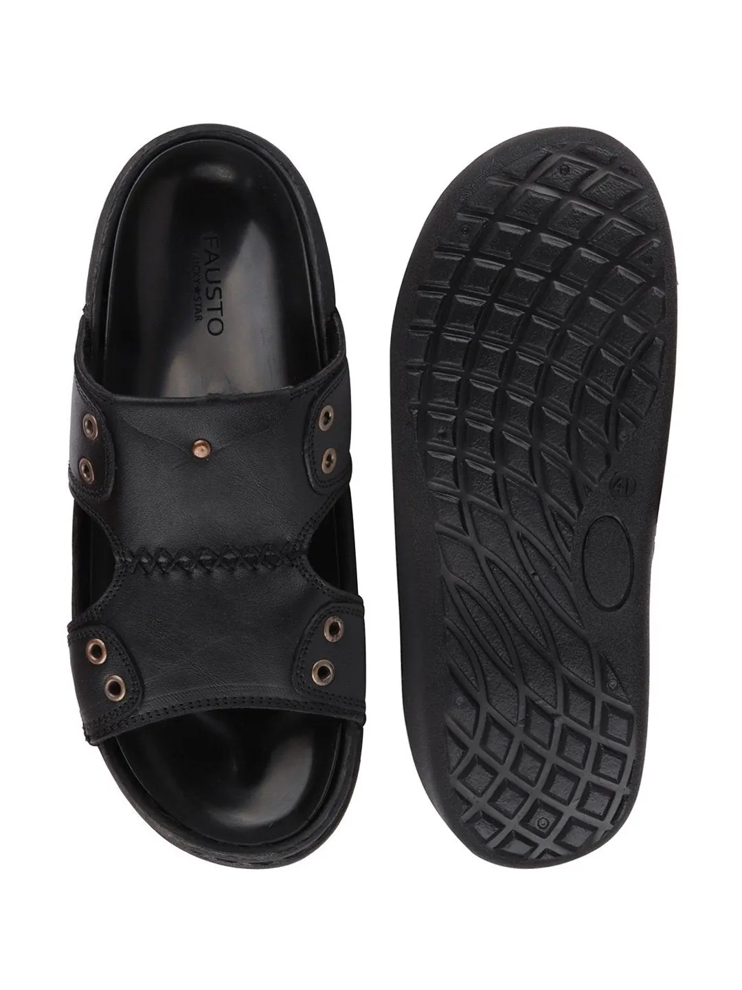 Men Black Casual Leather Slip-On Pad Slippers