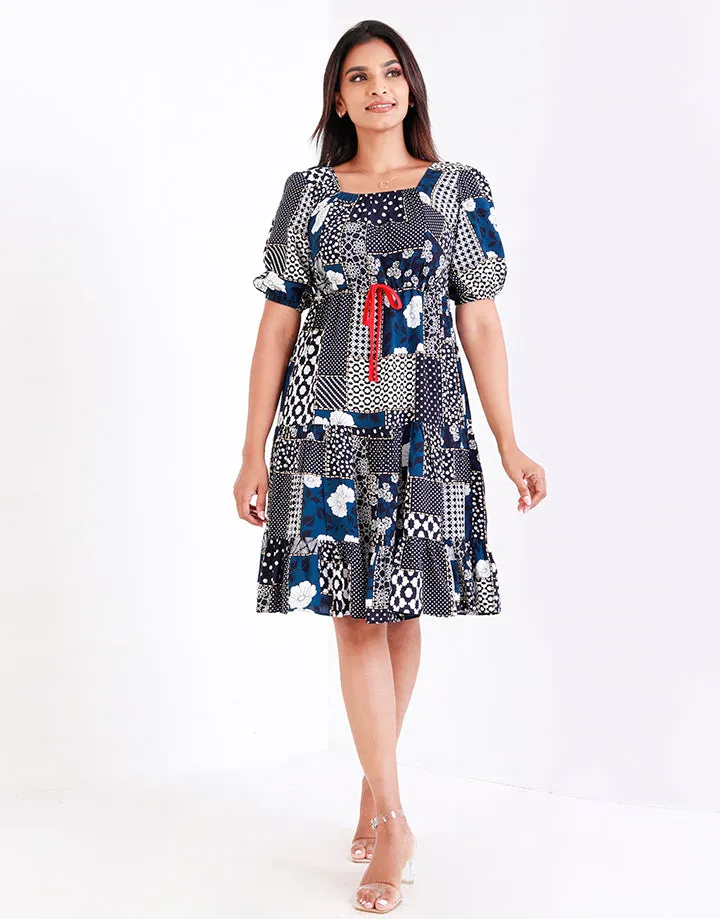 Printed Square Neck Midi Waist Dress