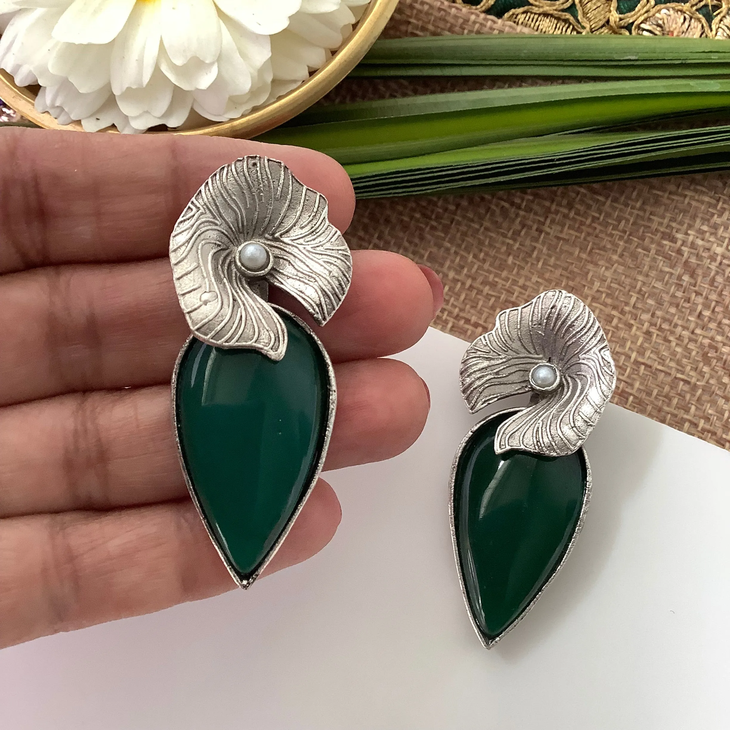 Salvanity German Silver Earrings - Freya Emerald Green