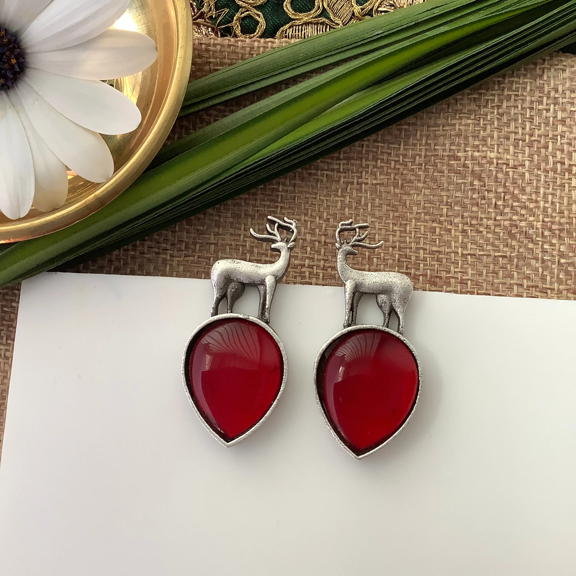 Salvanity German Silver Earrings -Reindeer (बारहसिंगा) - RED