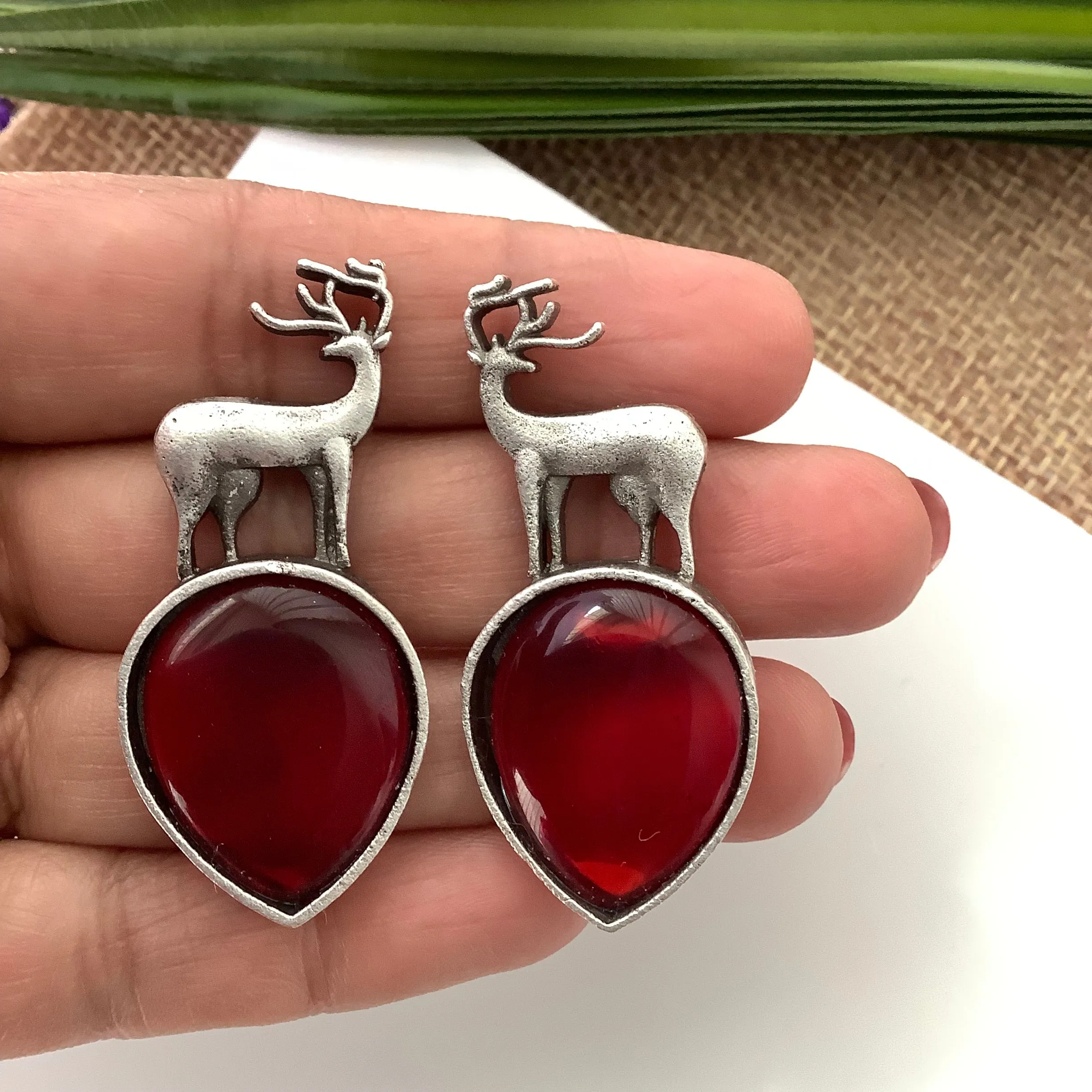 Salvanity German Silver Earrings -Reindeer (बारहसिंगा) - RED