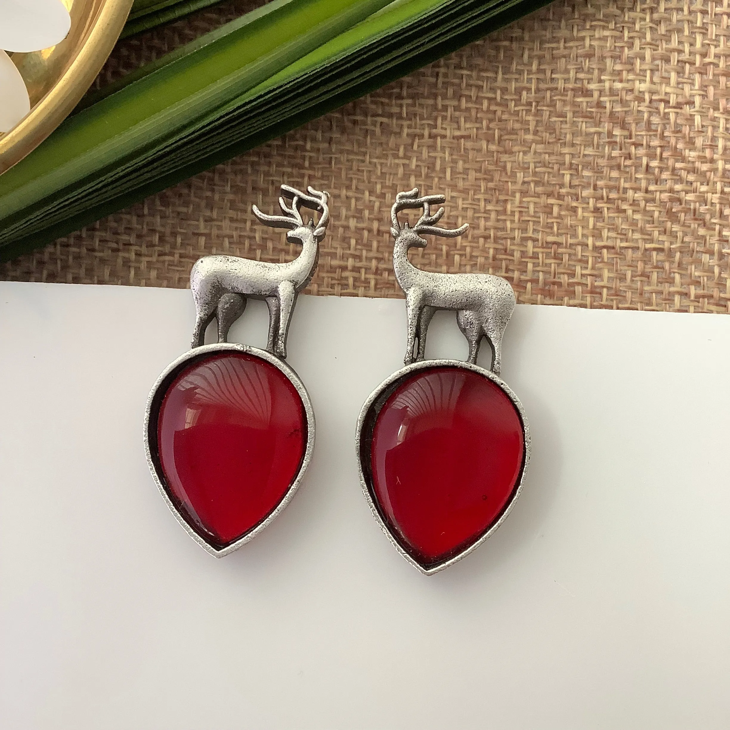 Salvanity German Silver Earrings -Reindeer (बारहसिंगा) - RED