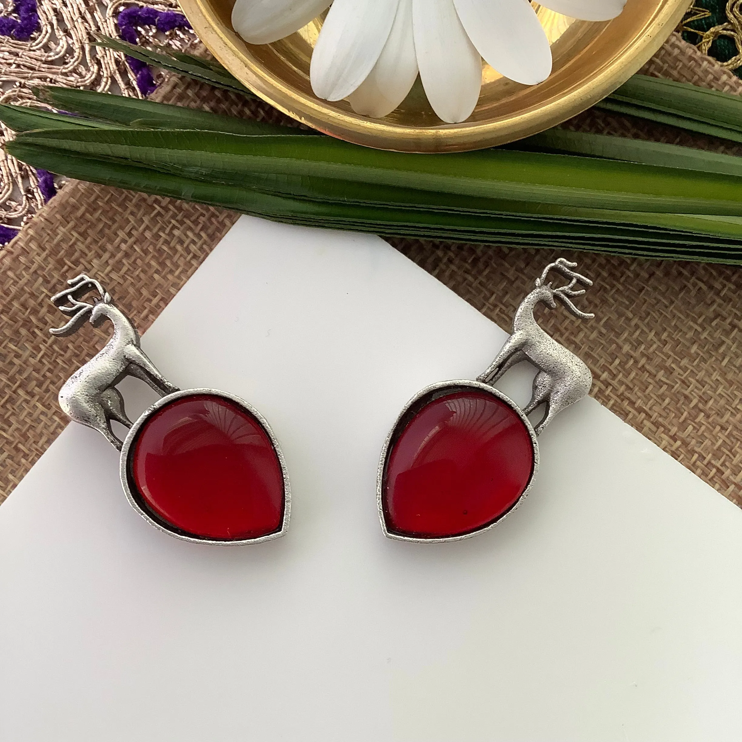 Salvanity German Silver Earrings -Reindeer (बारहसिंगा) - RED